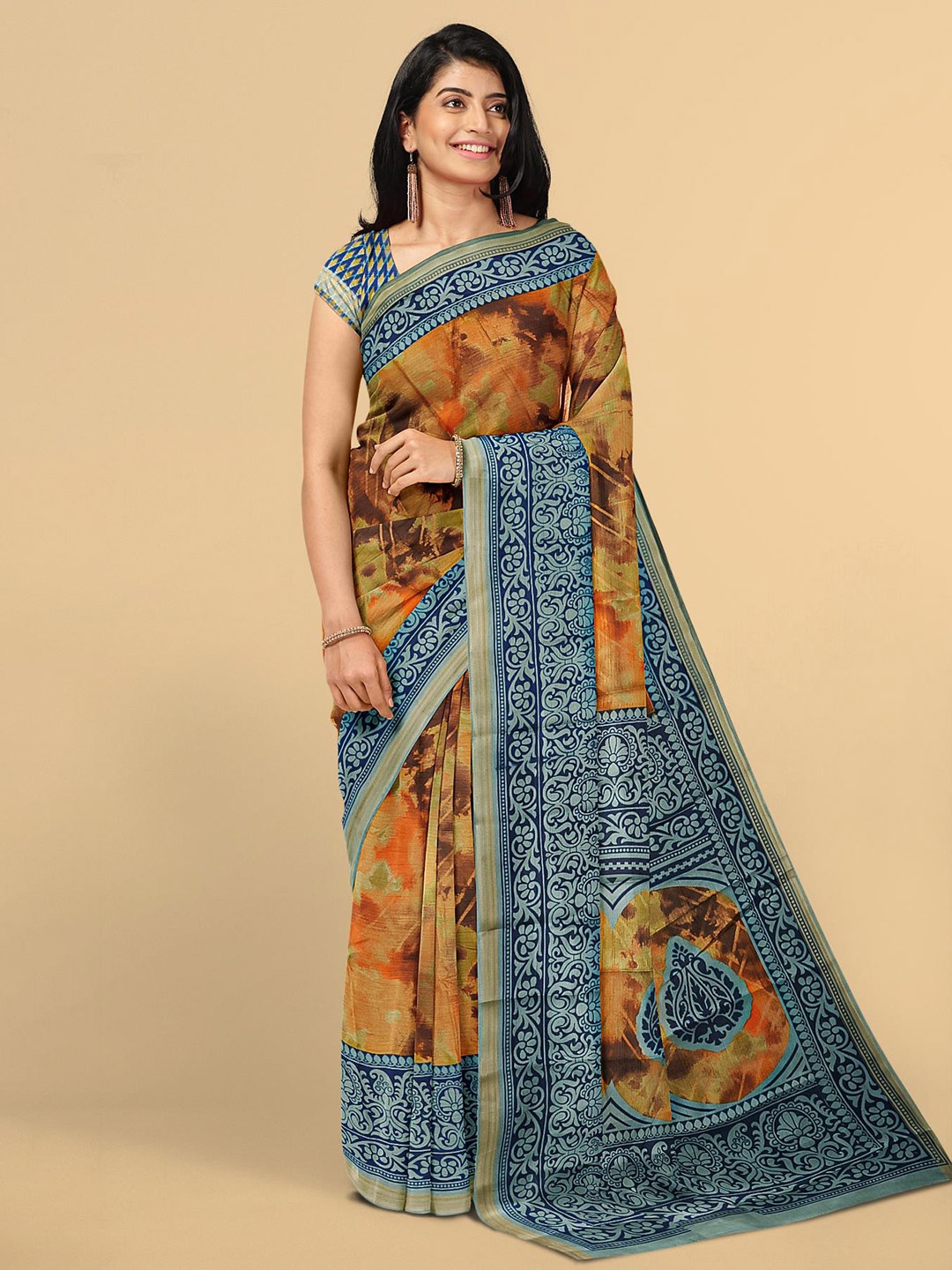 

Kalamandir Blue & Beige Cotton Blend Shibori Print Saree