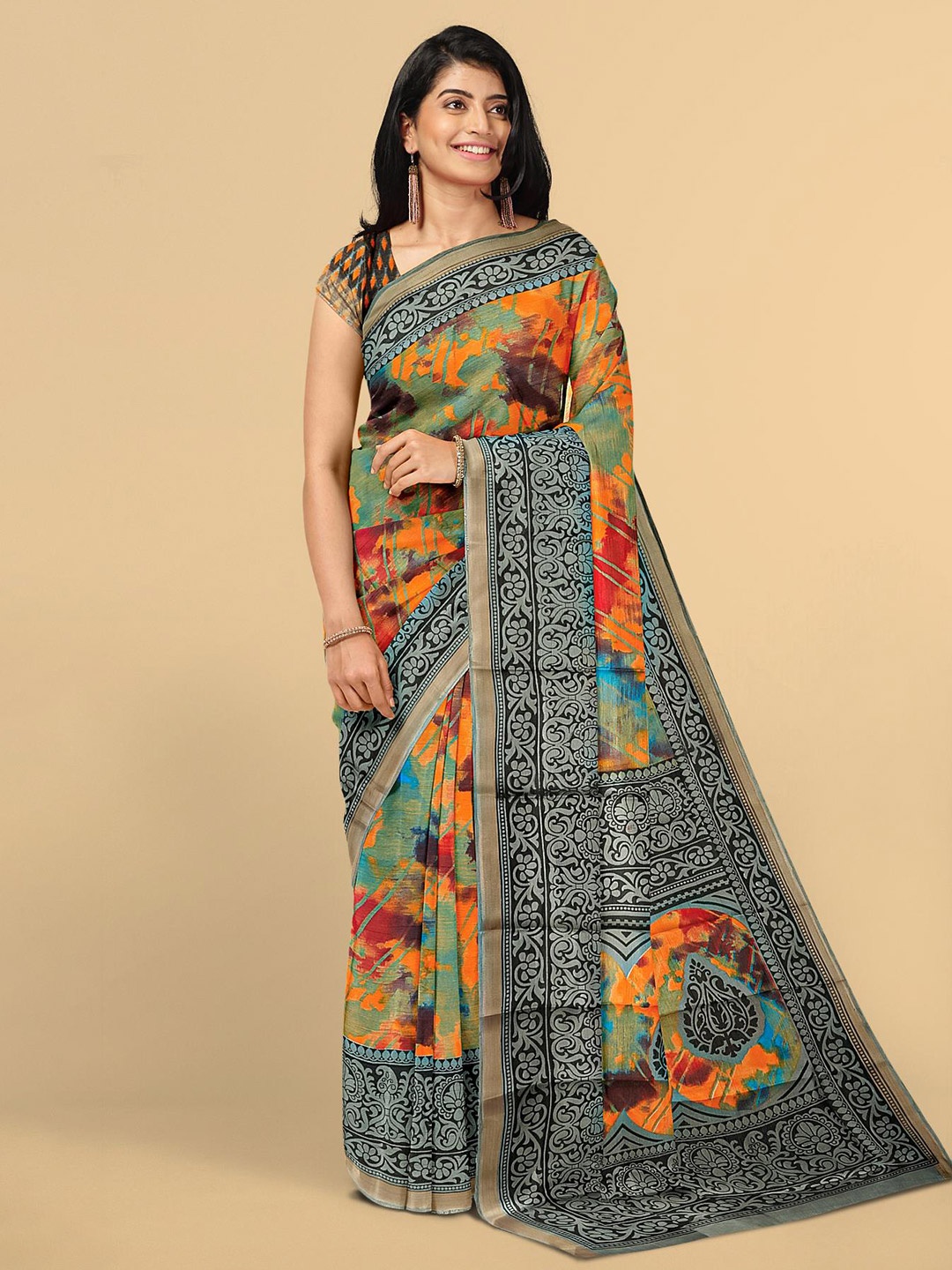 

Kalamandir Blue & Orange Cotton Blend Shibori Print Saree