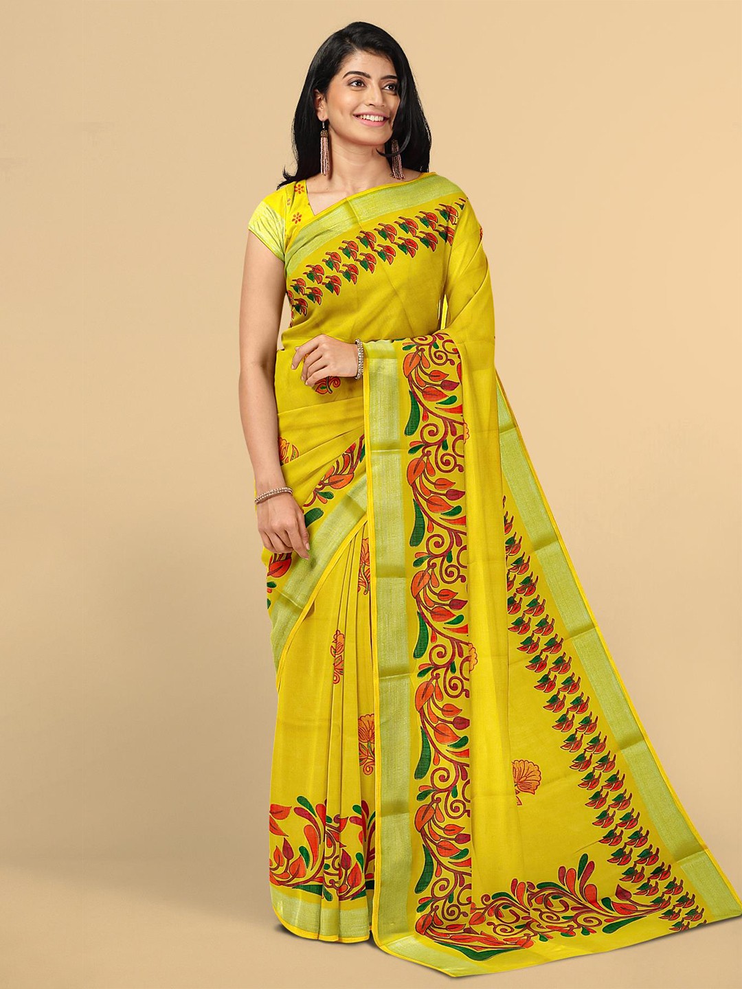 

Kalamandir Mustard & Red Floral Zari Linen Blend Saree