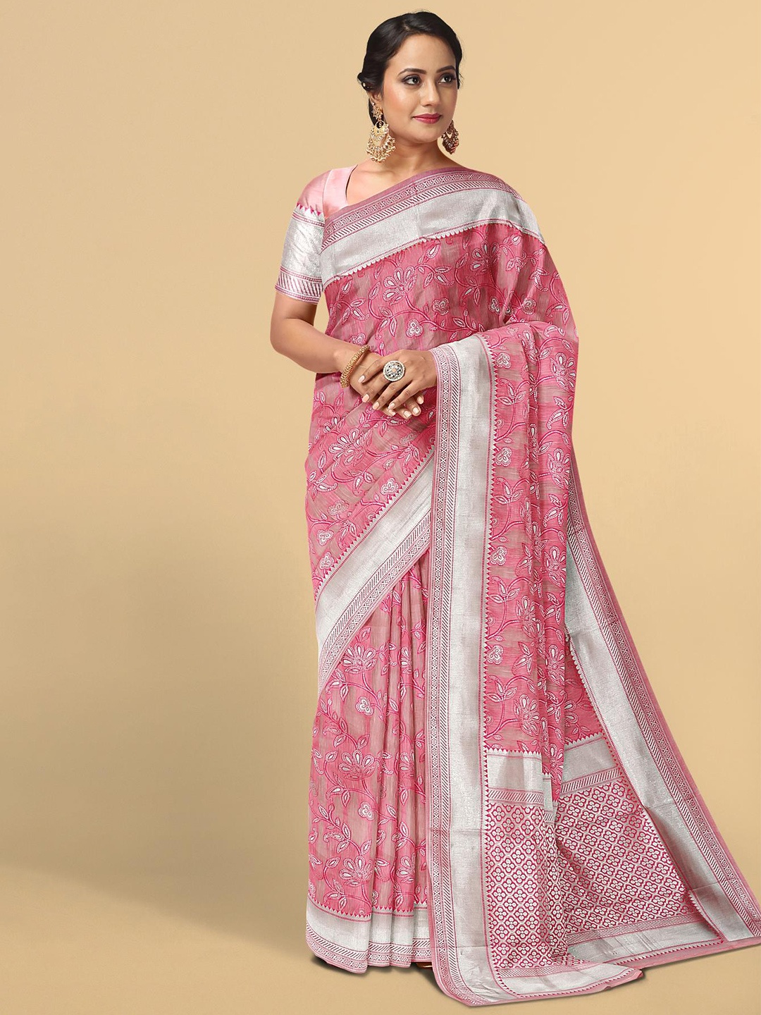 

Kalamandir Pink & Silver-Toned Floral Zari Silk Blend Saree