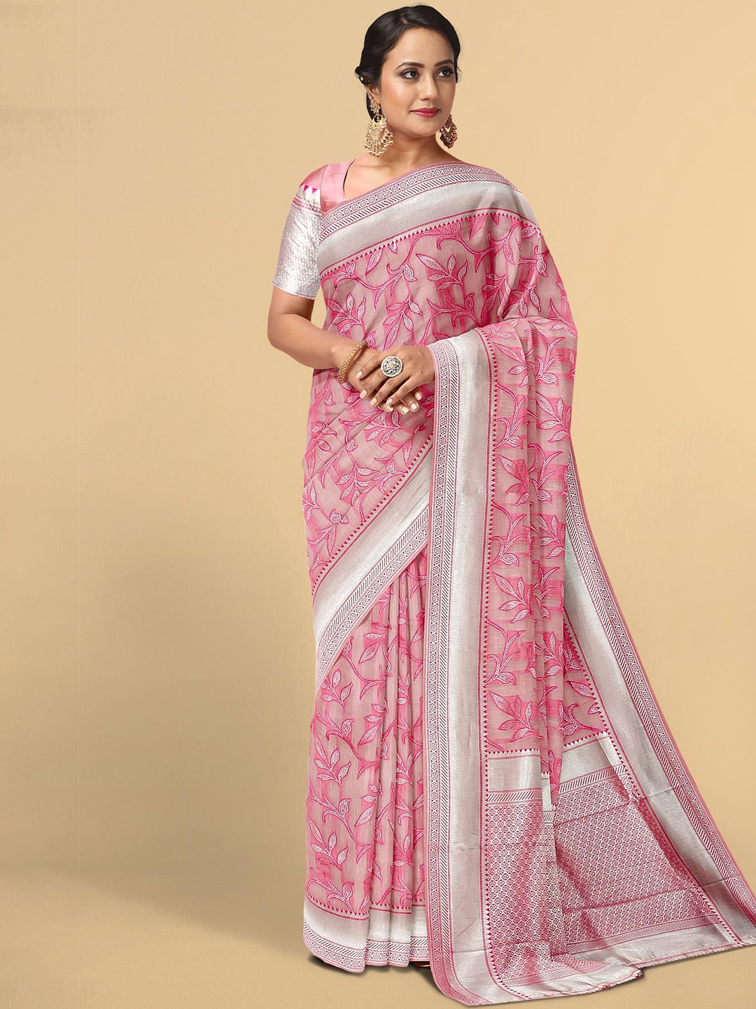 

Kalamandir Pink & White Floral Zari Silk Blend Saree