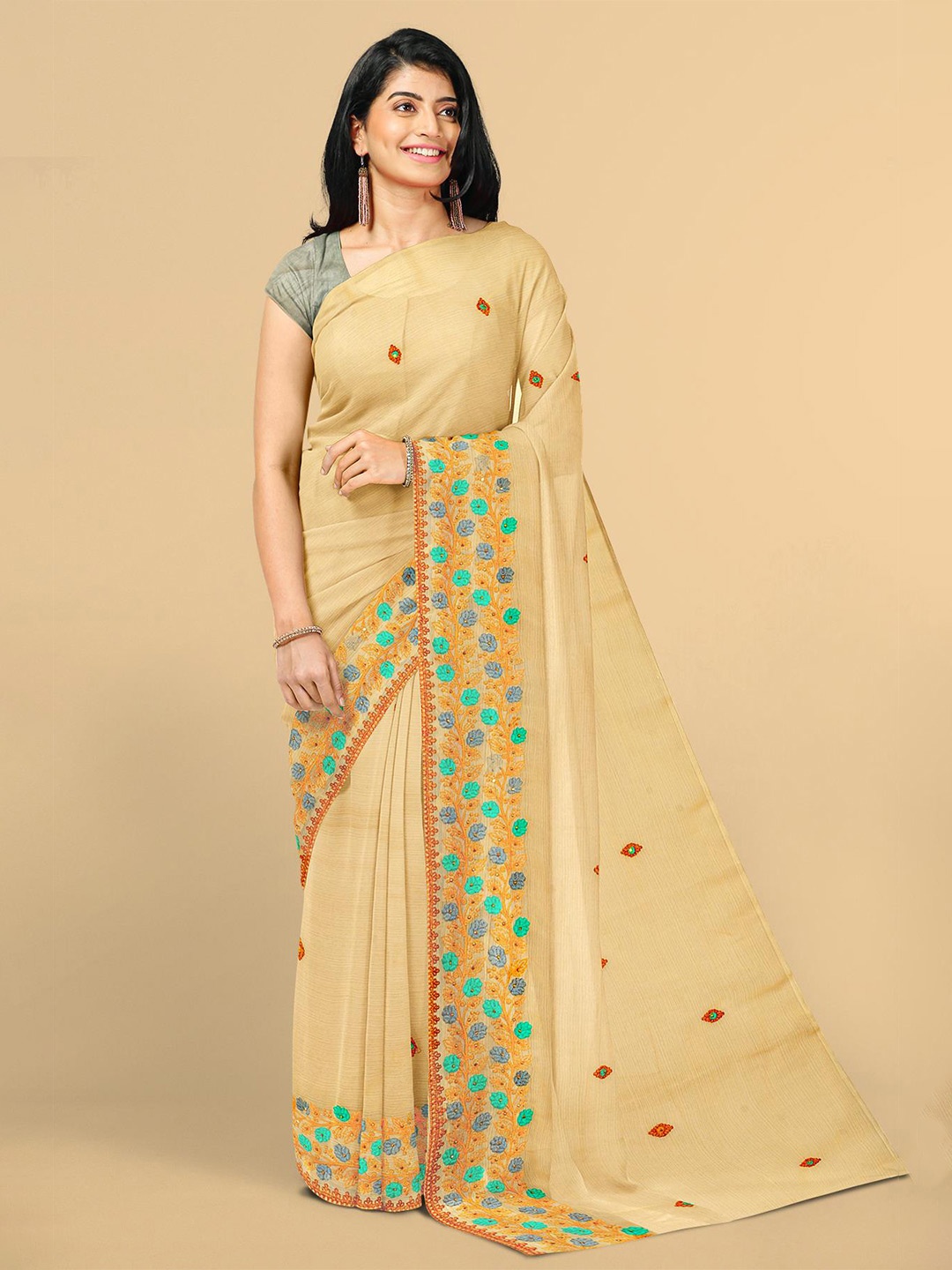 

Kalamandir Light Orange & Red Floral Embroidered Silk Blend Saree
