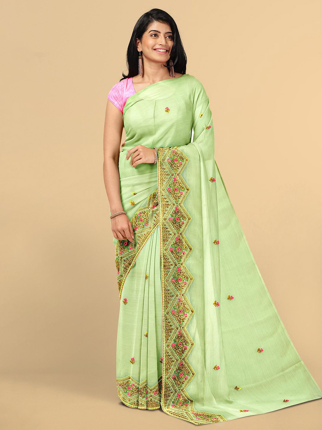 

Kalamandir Green & Pink Floral Embroidered Silk Blend Saree