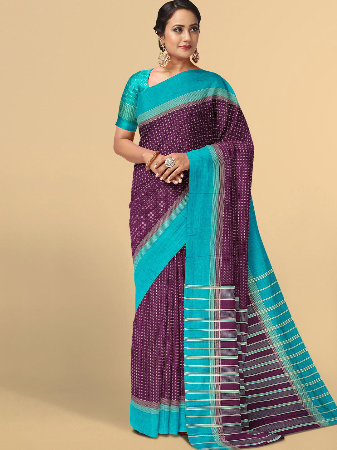 

Kalamandir Purple & Blue Ethnic Motifs Silk Blend Saree