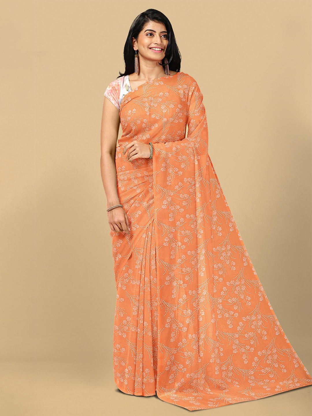 

Kalamandir Orange Floral Silk Blend Saree