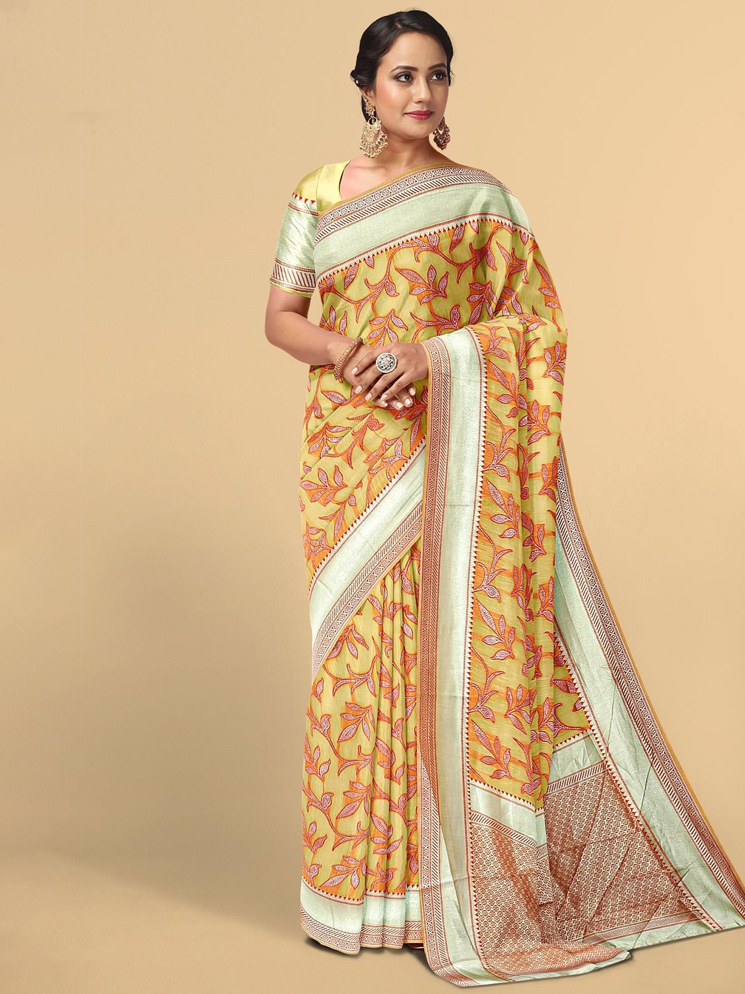 

Kalamandir Yellow & Silver-Toned Floral Zari Silk Blend Saree