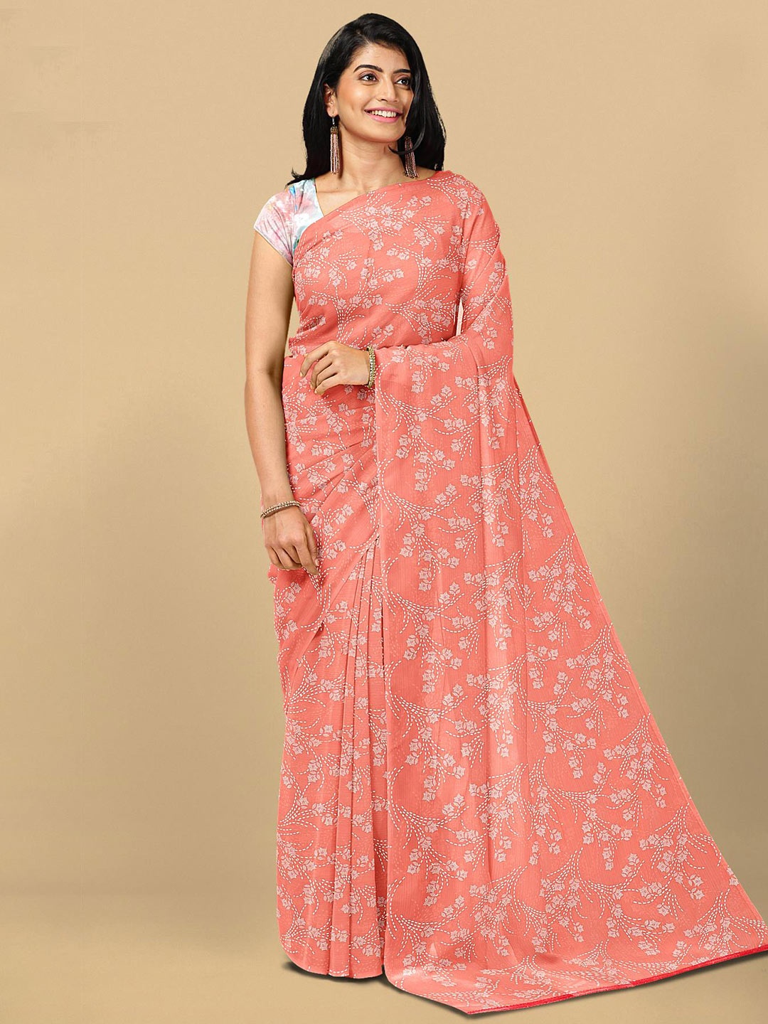 

Kalamandir Peach-Coloured & Off White Floral Silk Blend Saree