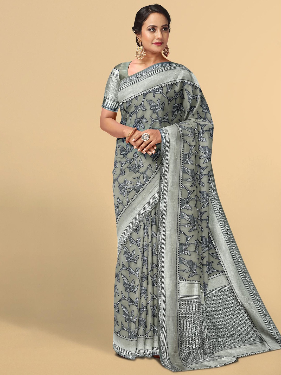 

Kalamandir Grey & Silver-Toned Floral Zari Silk Blend Saree