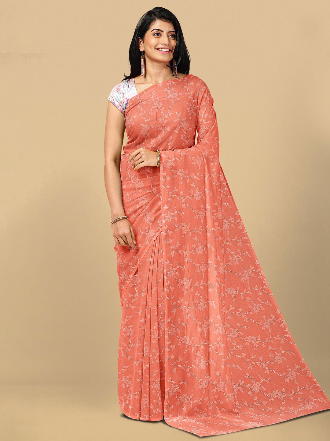 

Kalamandir Peach-Coloured & Off White Floral Silk Blend Saree