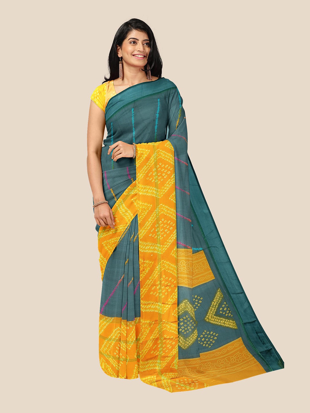 

Kalamandir Yellow & Teal Poly Georgette Shibori Print Saree