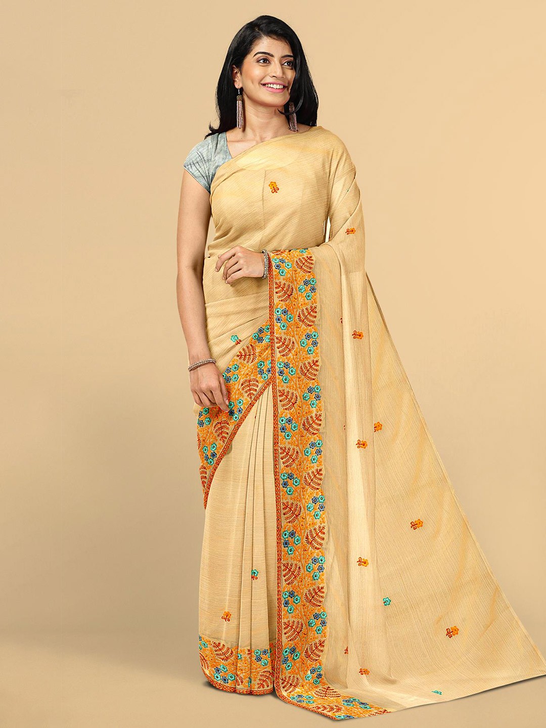 

Kalamandir Women Orange & Blue Floral Embroidered Silk Blend Saree