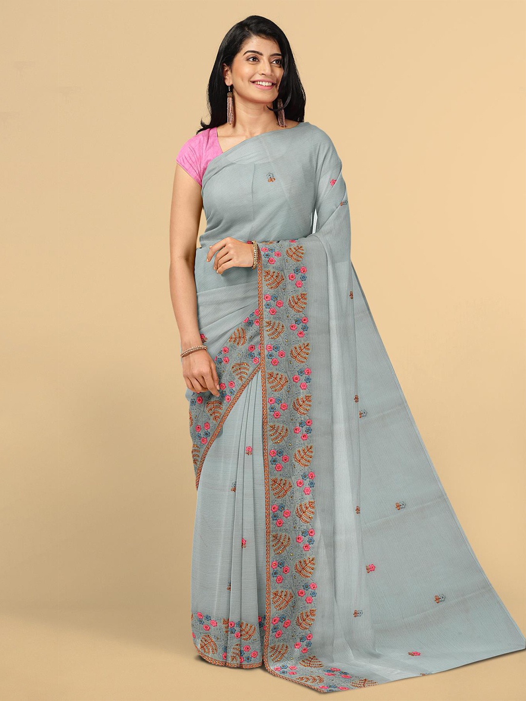 

Kalamandir Grey & Pink Floral Embroidered Silk Blend Saree
