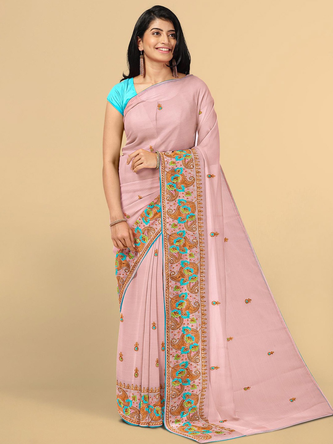 

Kalamandir Pink & Blue Floral Silk Blend Saree