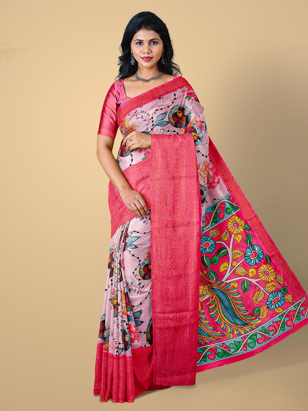 

Kalamandir Women Pink & Gold-Toned Kalamkari Zari Silk Blend Abstract Saree