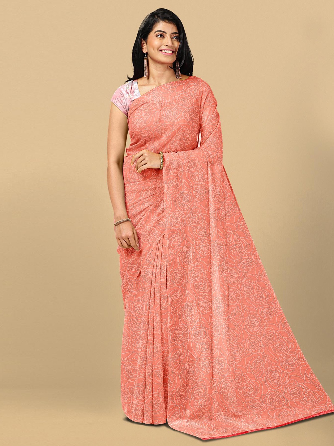 

Kalamandir Peach-Coloured & White Floral Silk Blend Saree