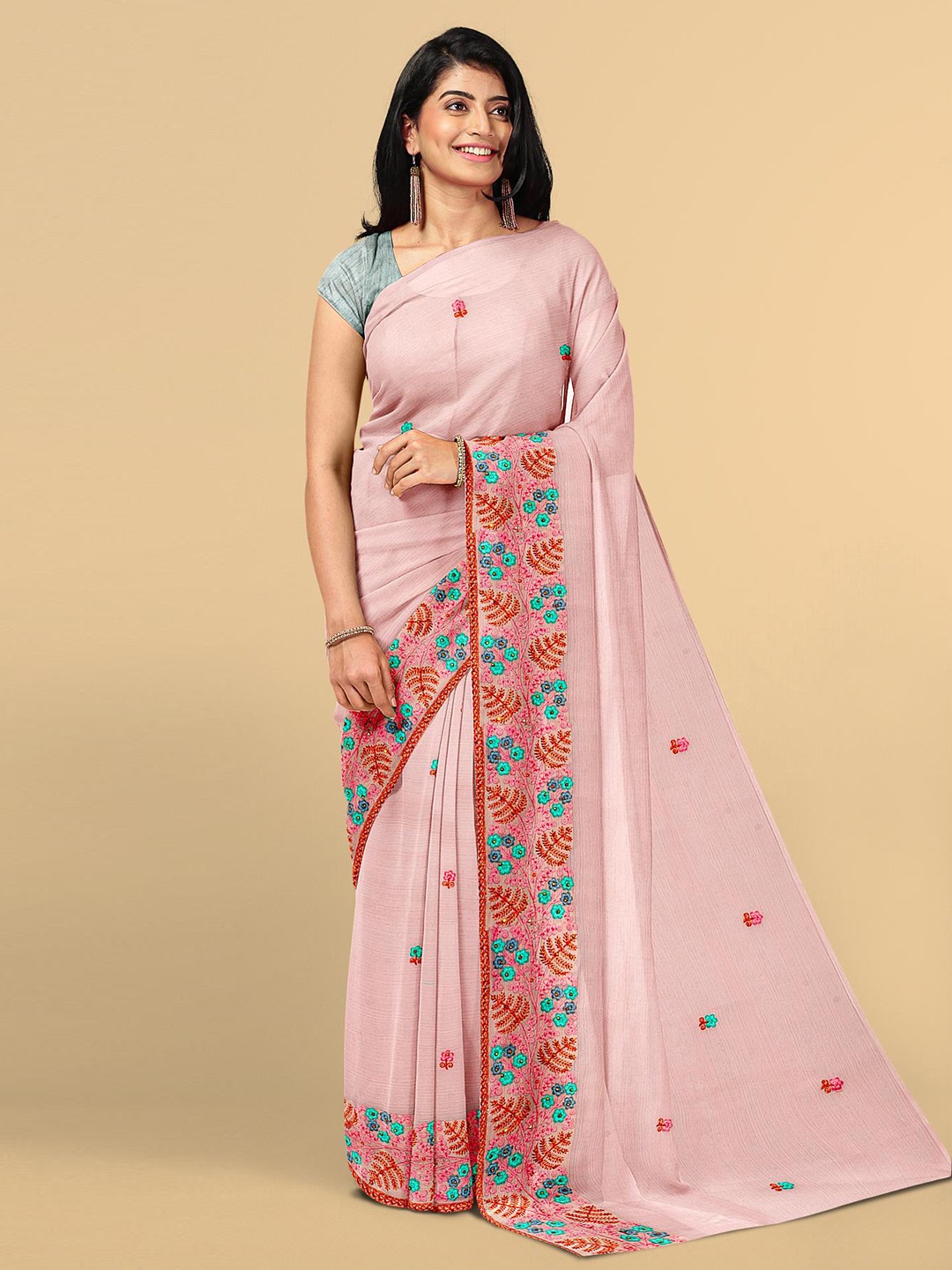 

Kalamandir Women Pink & Blue Floral Embroidered Silk Blend Saree