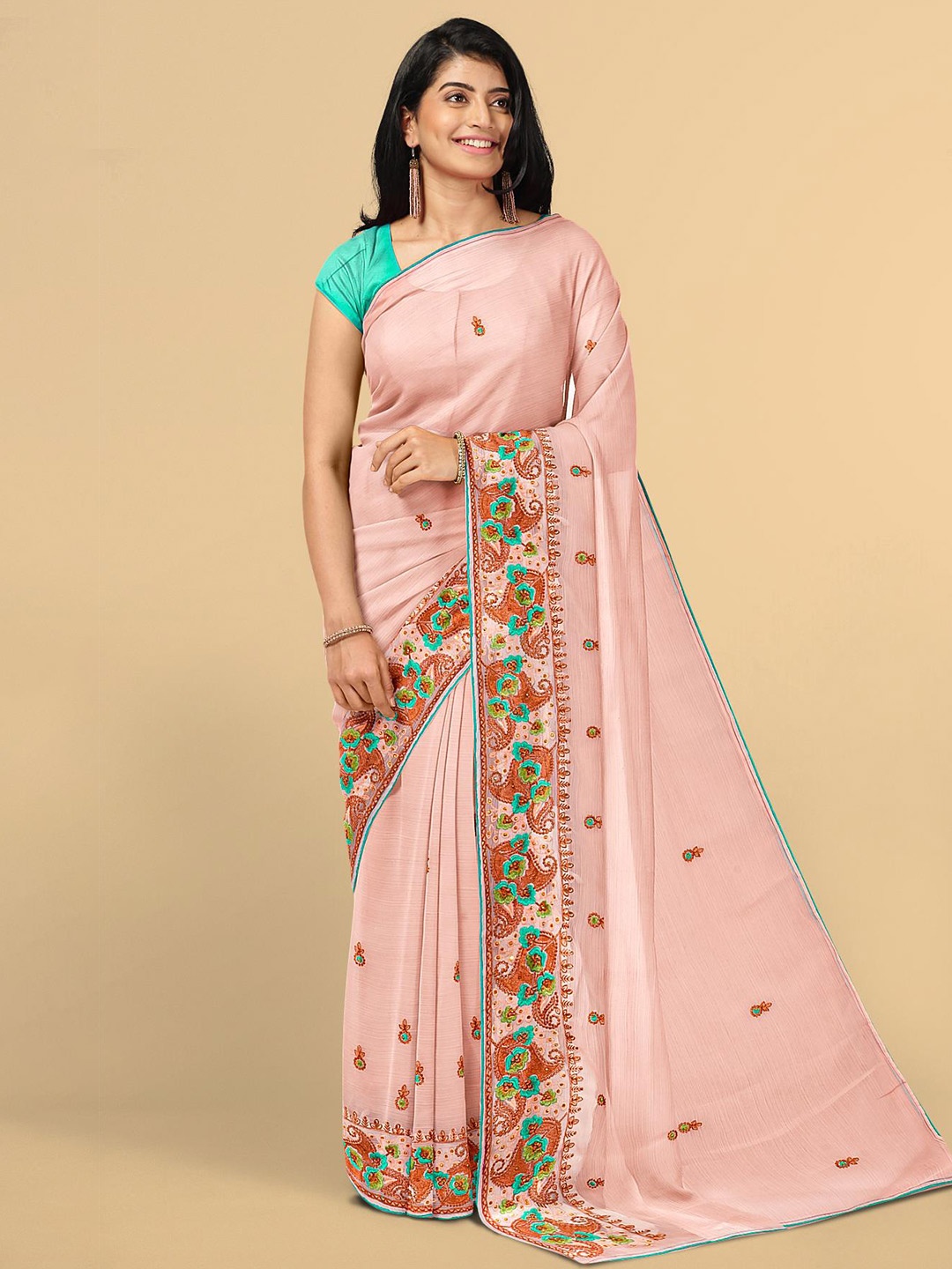 

Kalamandir Peach-Coloured & Green Floral Embroidered Silk Blend Saree