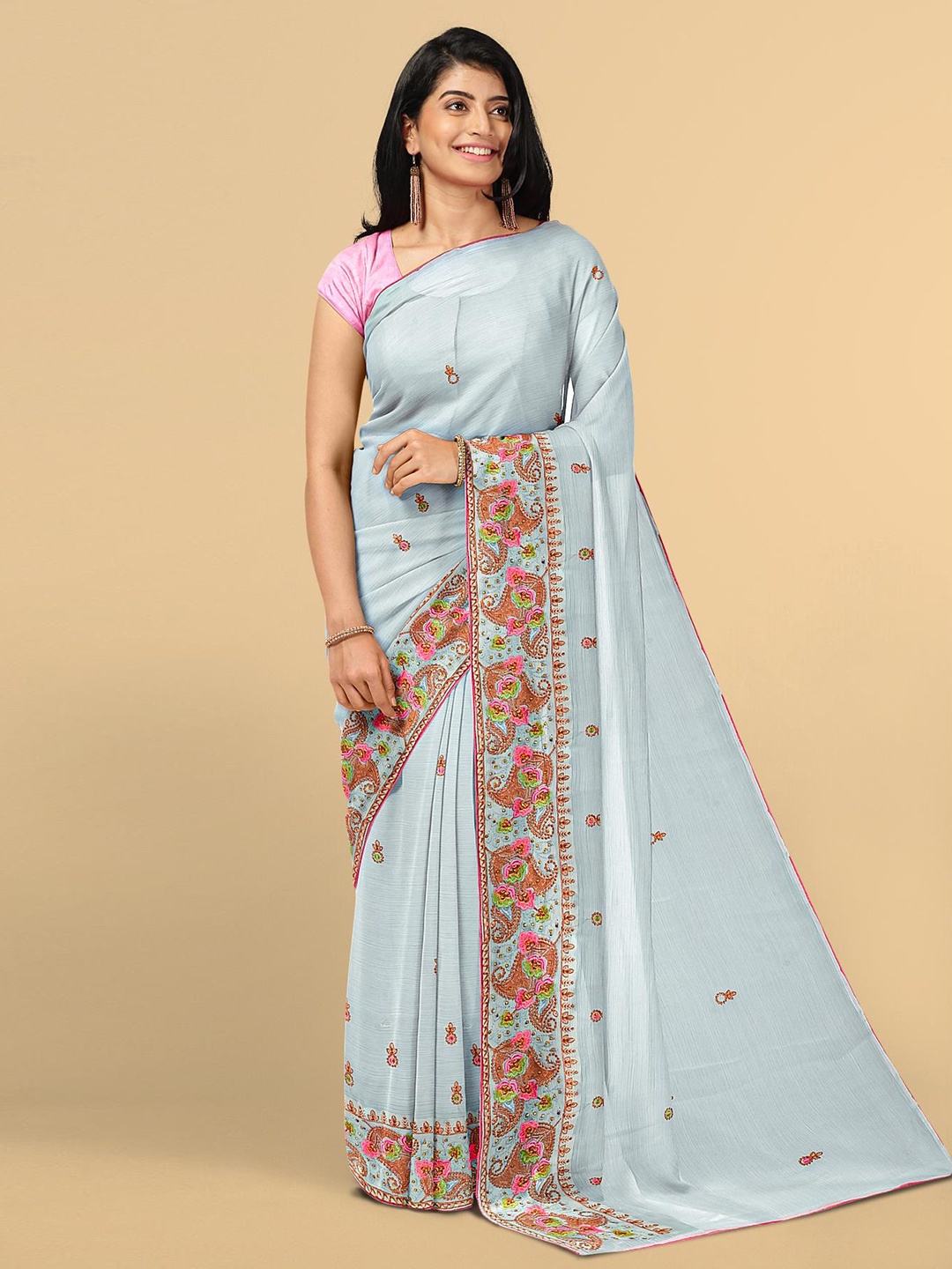 

Kalamandir Blue & Pink Floral Embroidered Silk Blend Saree