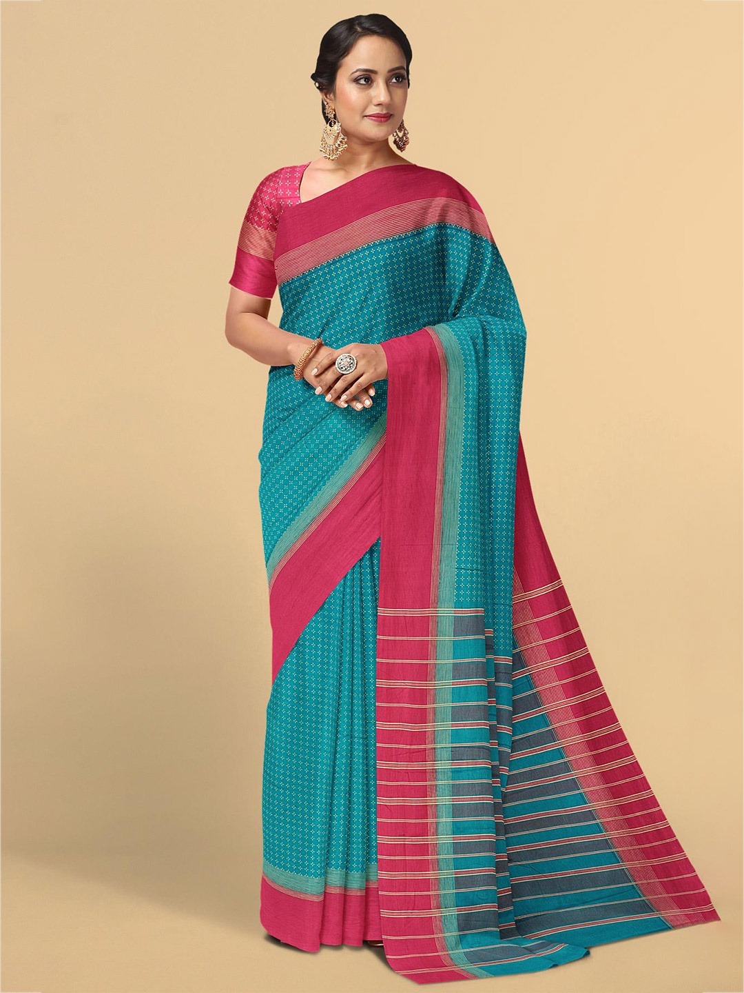 

Kalamandir Blue & Coral Woven Design Zari Silk Blend Saree