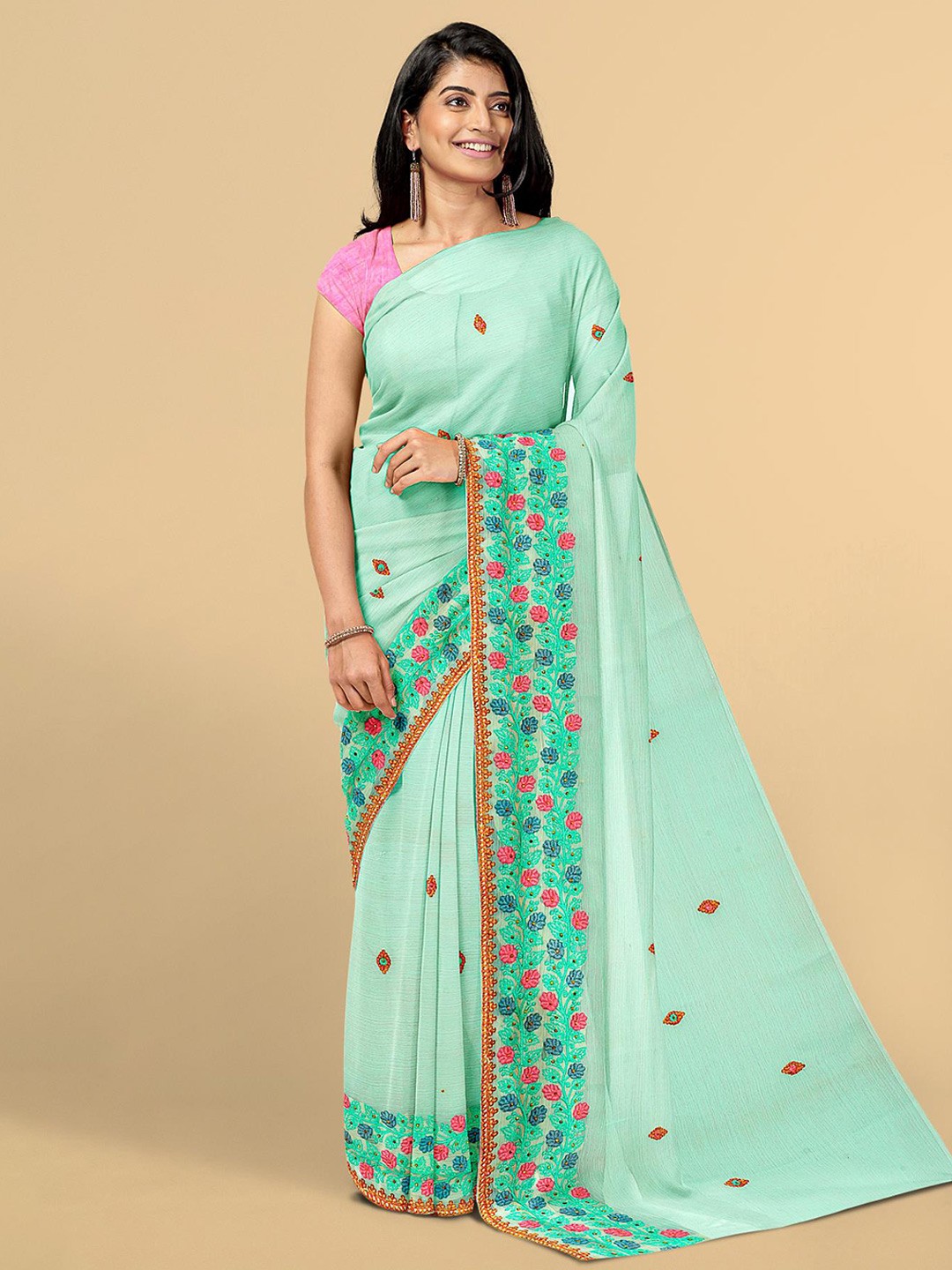 

Kalamandir Blue & Pink Floral Embroidered Silk Blend Saree