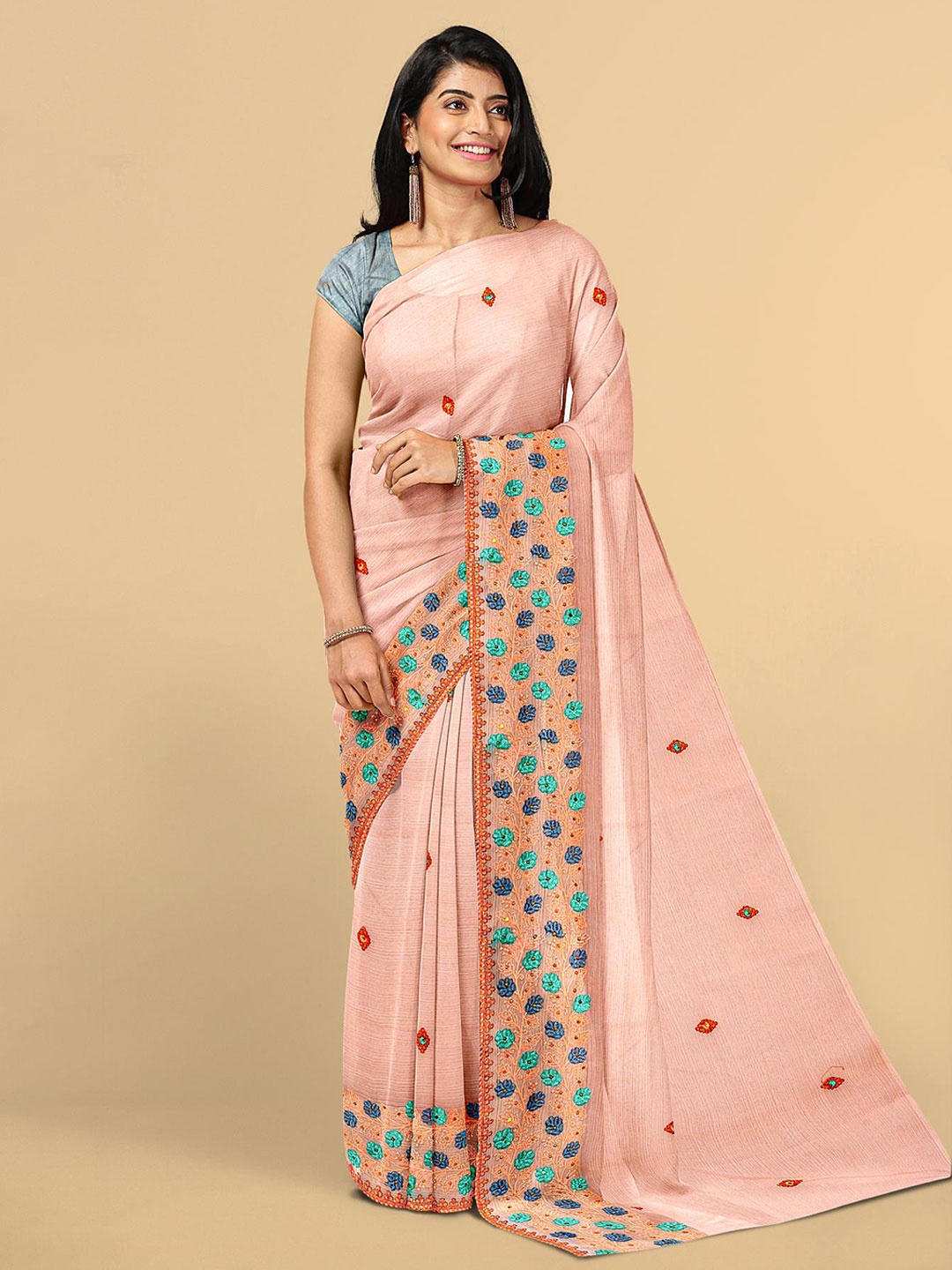 

Kalamandir Peach-Coloured & Red Floral Embroidered Silk Blend Saree