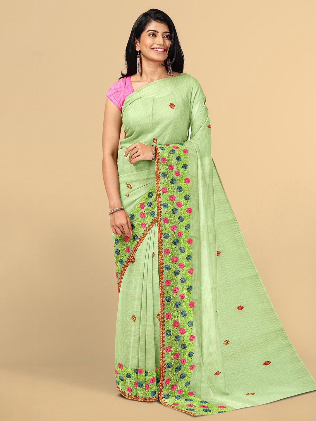 

Kalamandir Green & Pink Floral Embroidered Silk Blend Saree