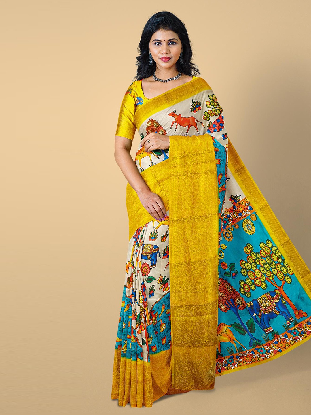 

Kalamandir Blue & Yellow Ethnic Motifs Zari Silk Blend Saree