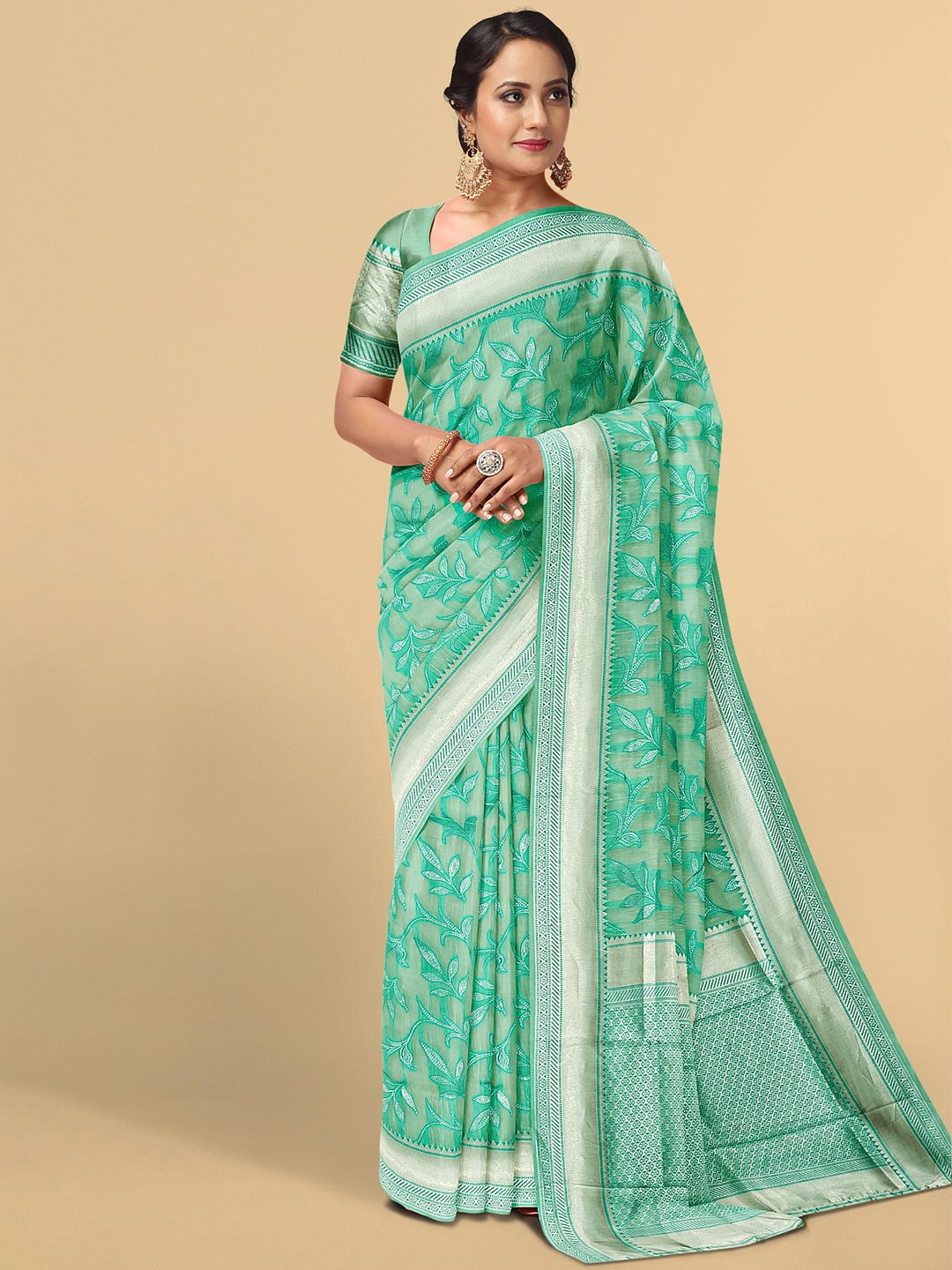 

Kalamandir Sea Green & Silver-Toned Floral Zari Silk Blend Saree