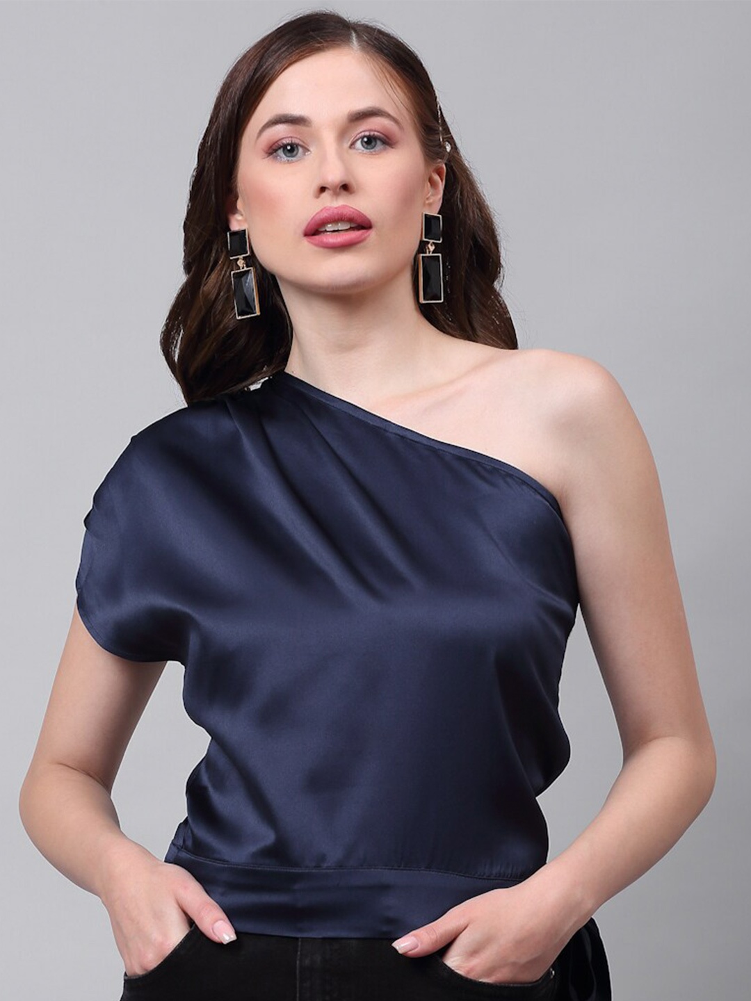 

NEUDIS Women Navy Blue One Shoulder Satin Kaftan Top