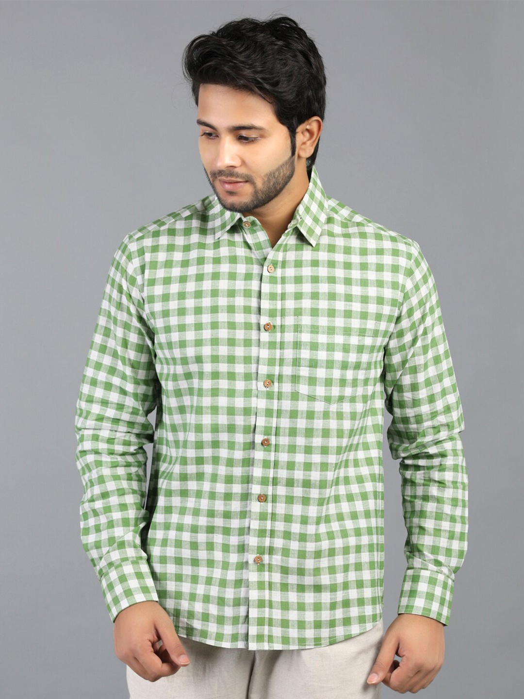 

RENTIYO Men Green Standard Gingham Checks Checked Casual Shirt