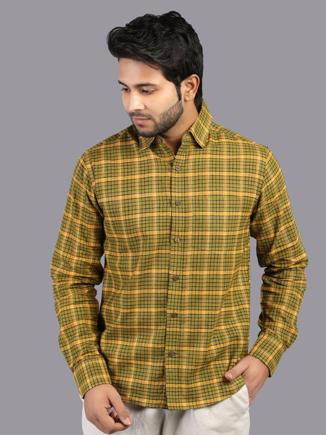 

RENTIYO Men Mustard Standard Checked Casual Shirt
