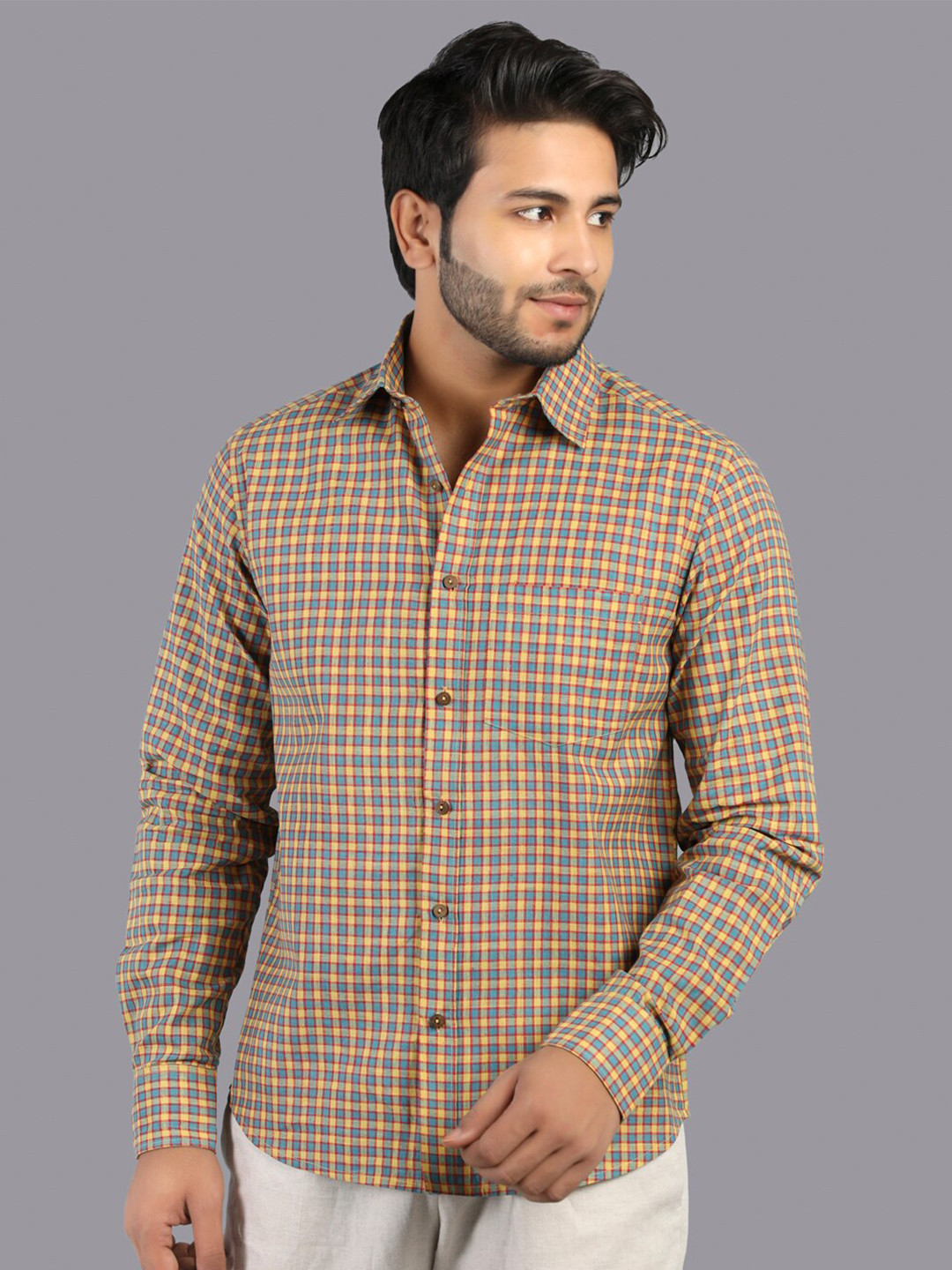 

RENTIYO Men Regular Fit Yellow Standard Checked Casual Shirt