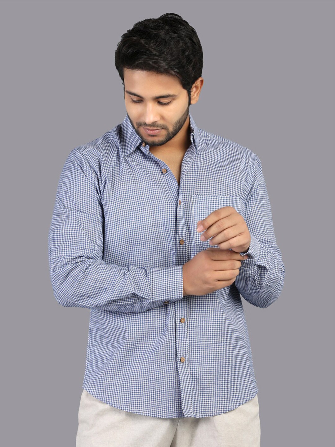 

RENTIYO Men Regular Fit Blue Standard Micro Checks Checked Casual Shirt