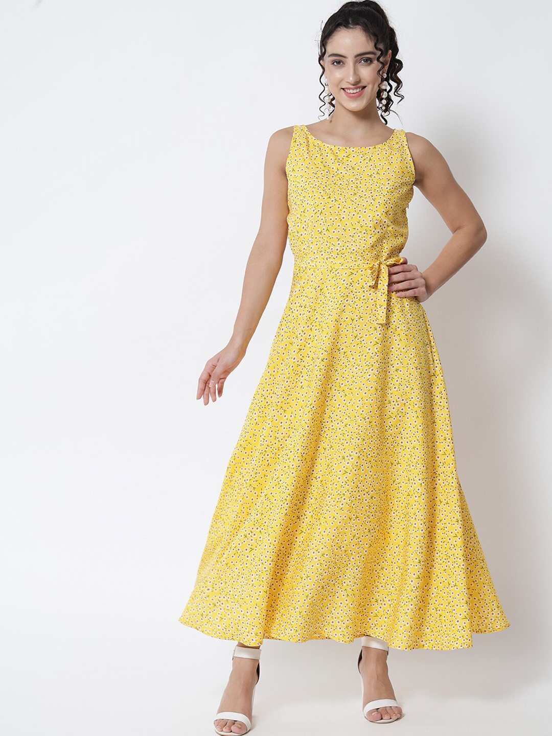 

Yaadleen Women Yellow Floral Crepe Sleeveless Maxi Dress