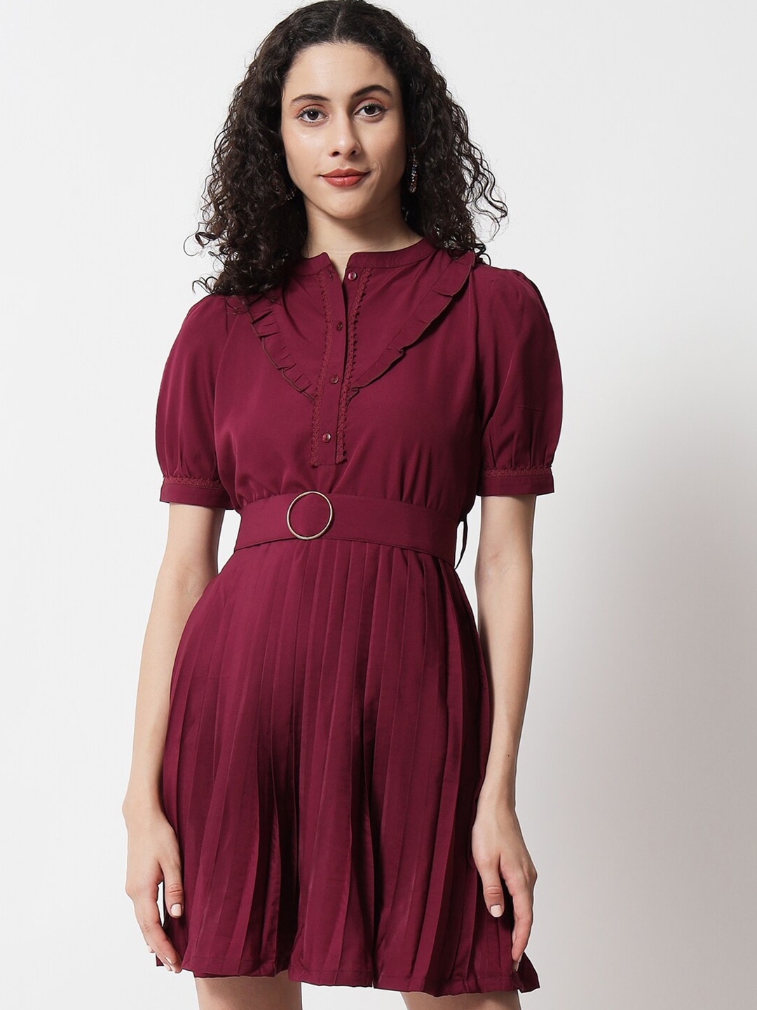

Yaadleen Women Burgundy Crepe Shirt Puff Sleeves Dress