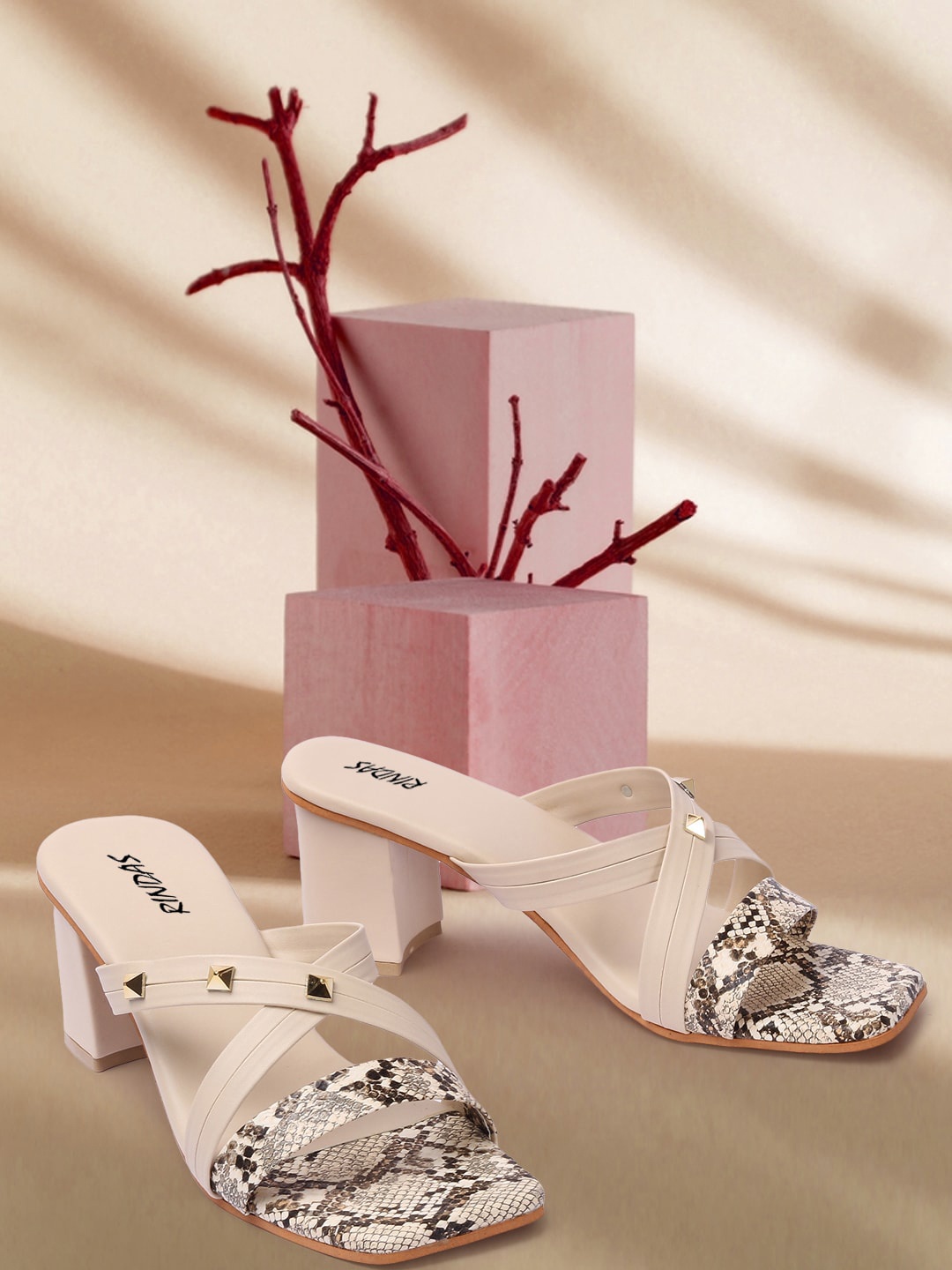 

RINDAS Beige Block Embellished Heels