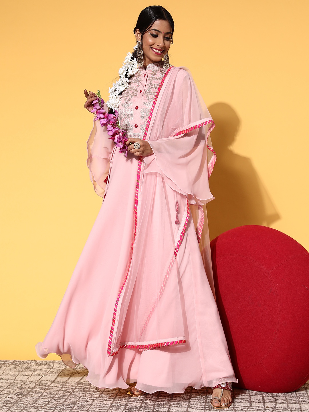 

Inddus Women Pretty Pink Georgette Fluid Tie-Up Kurta