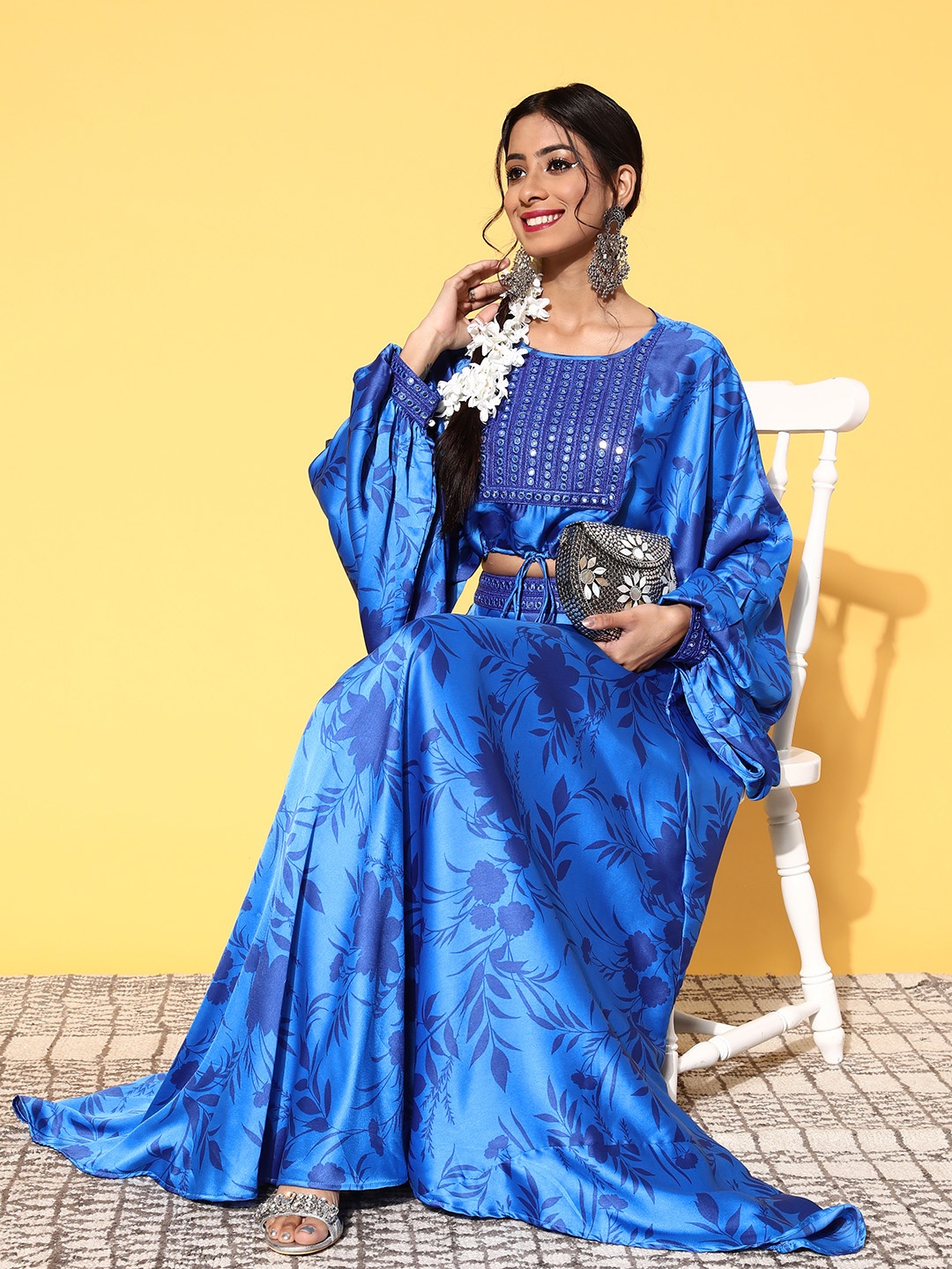 

Inddus Women Blue Floral Printed Yoke Design Top & Skirt