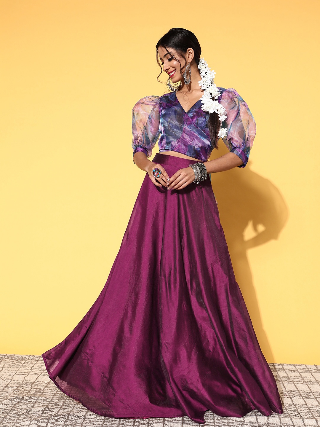 

Inddus Women Burgundy Floral Printed Tie up Top & Skirt