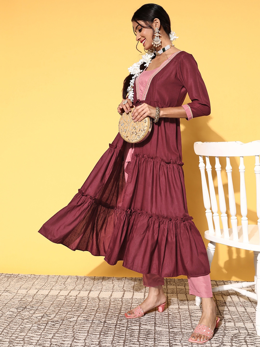 

Inddus Women Solid Silk Blend Fluid Tie-Up Kurta Set, Maroon