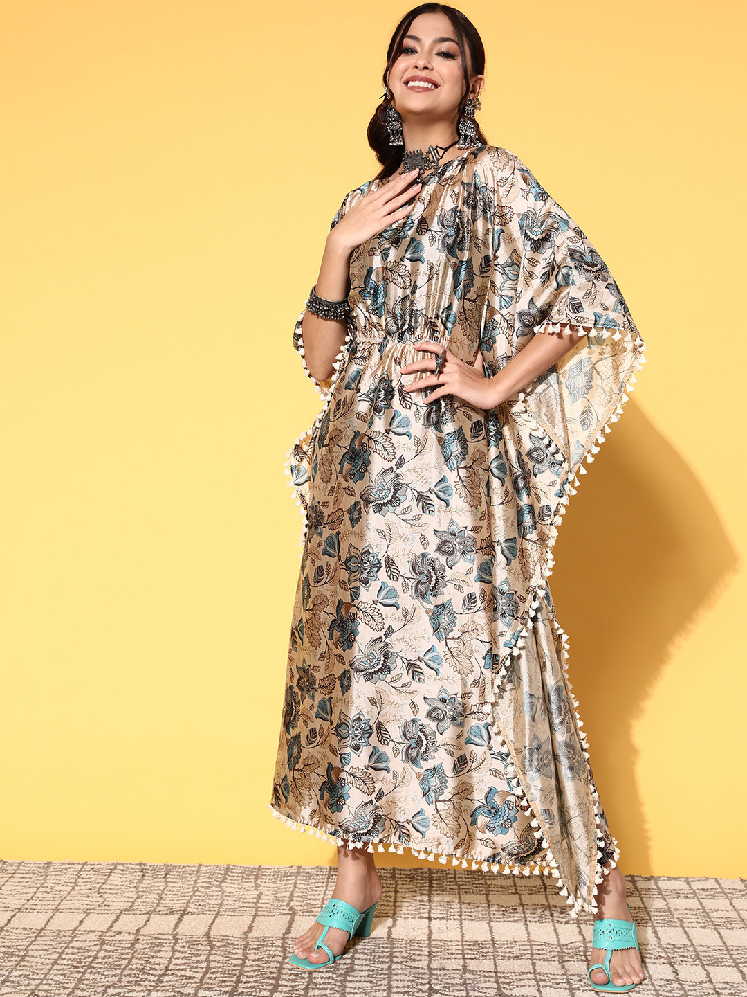 

Inddus Women Classy Beige Polyester Adjustable Waistline Ethnic Dress