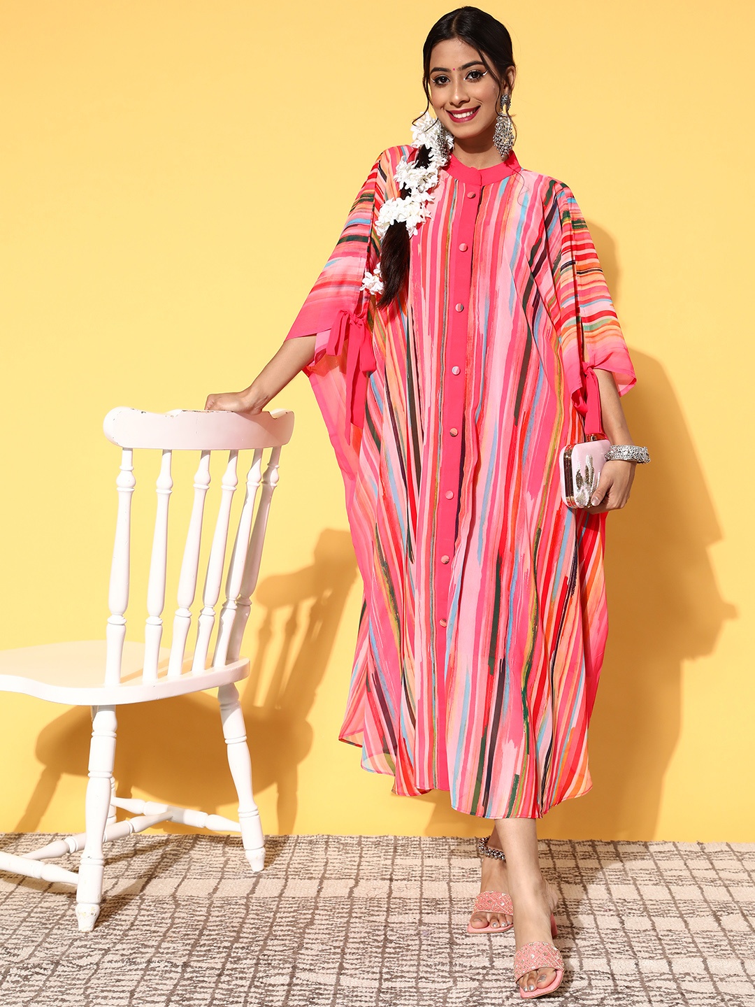 

Inddus Women Pink Georgette Vacation Stripes Ethnic Dress