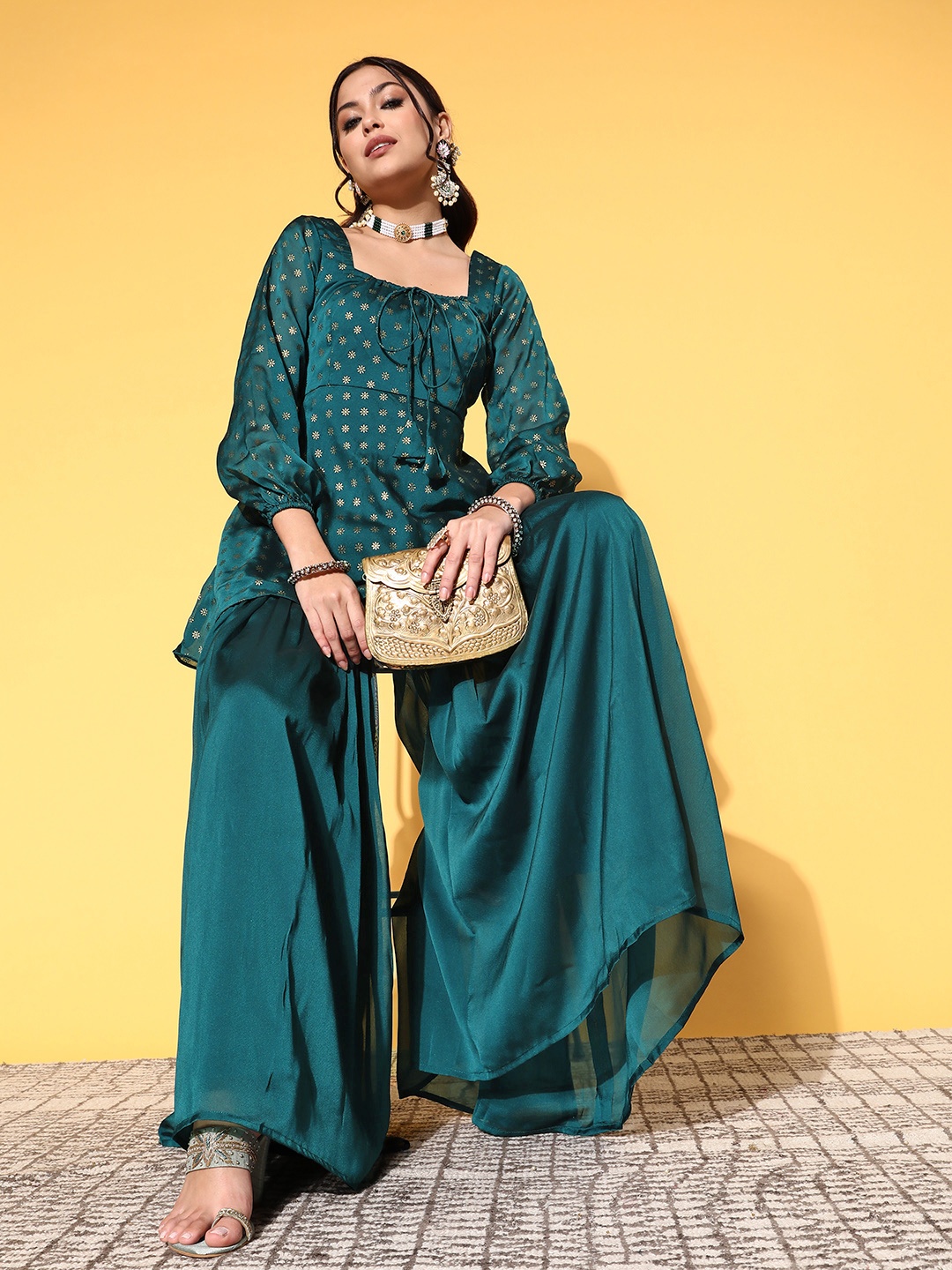 

Inddus Women Ethnic Motifs Silk Blend Fluid Tie-Up Kurta Set, Teal