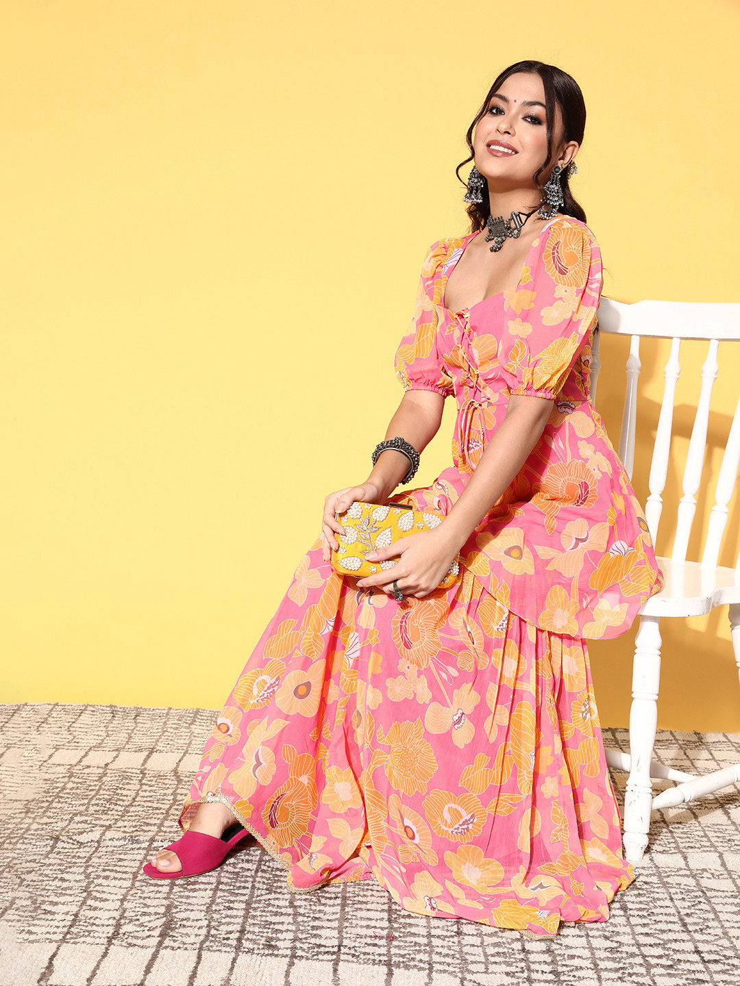 

Inddus Women Pink Floral Printed Kurti with Sharara