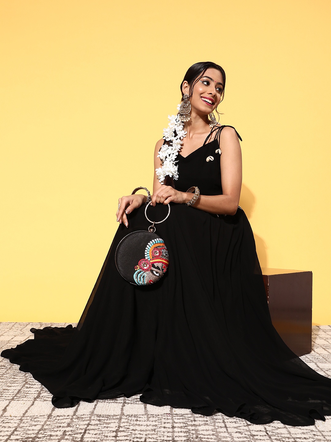 

Inddus Women Classy Black Georgette Belted Detail Ethnic Dress