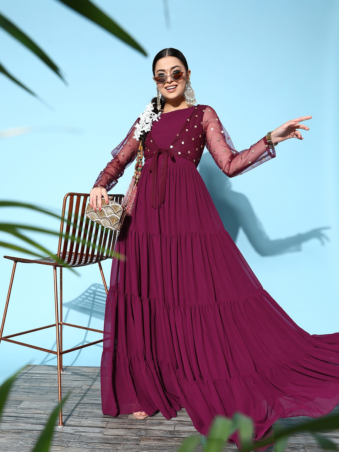 

Inddus Women Elegant Burgundy Georgette Shimmer & Sequin Ethnic Dress