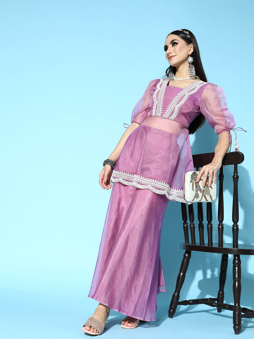 

Inddus Women Woven Design Organza Fluid Tie-Up Kurta Set, Purple