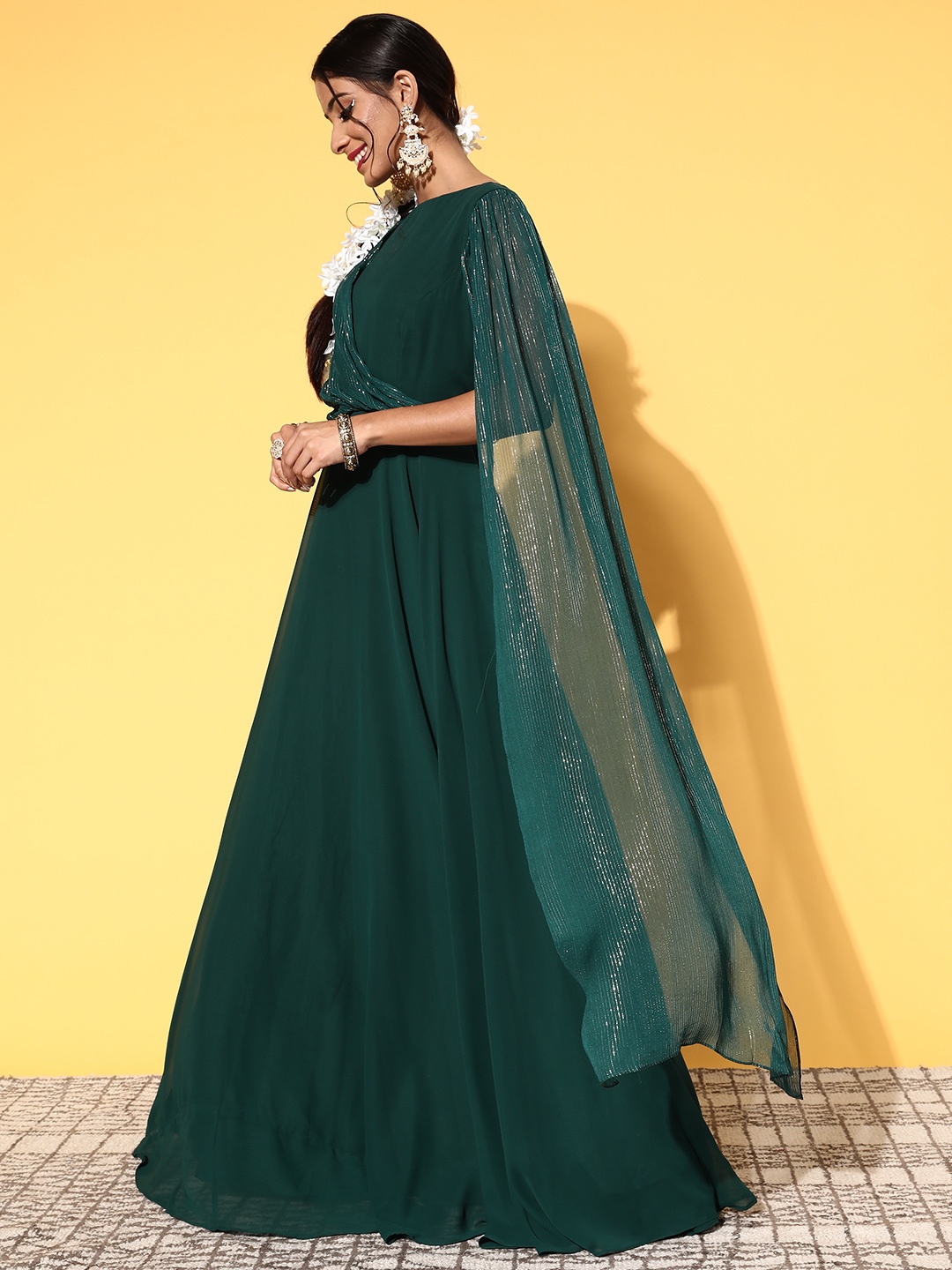 

Inddus Women Green Georgette Volume Control Ethnic Dress