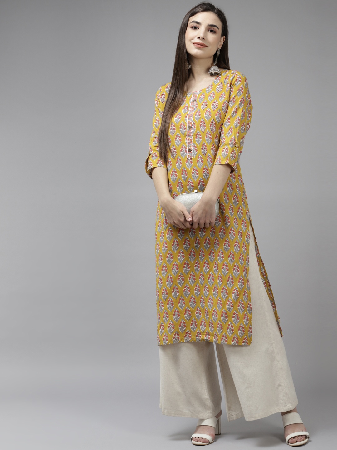 

Yufta Women Mustard Yellow & Pink Ethnic Motifs Printed Pure Cotton Kurta