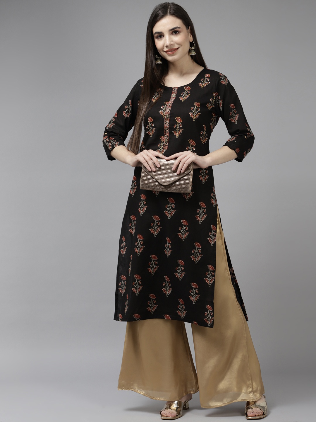 

Yufta Women Black & Red Floral Print Pure Cotton Kurta